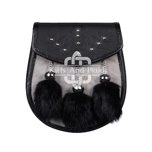Semi-jurk van Schotse grijze en zwarte konijnenbont SPORRAN - embleem met distelreliëf Sporran - Keltische sporran en kettingriem - kilt Sporran
