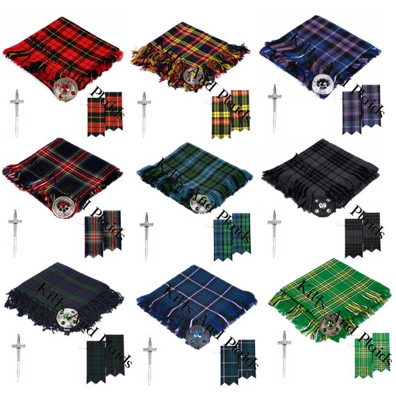 Kilt Accessories Package - Scottish Tartan Fly Plaid - Brooch Pin - Kilt Pin - Pair of Flashes