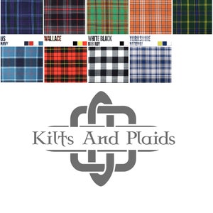 May include: A collection of plaid patterns with names like "Spirit of Scotland", "Spirit of Bruce", "Tara Murphy", "Tennessee", "US Army", "US Navy", "Wallace", "White Black Rob Roy", and "Yorkshire National". The patterns are displayed in a grid format with the text "Kilts And Plaids" below the grid.