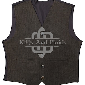 Brown Herringbone Tweed Waistcoat -  5 Stag Buttons Scottish Kilt Waistcoat - Wool Blend - Satin Lined - Made to Order Wedding Vest