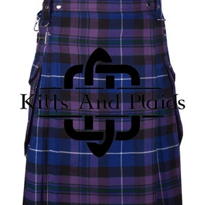 May include: A blue, purple, and green tartan kilt with a black leather strap and buckles. The kilt has a large pocket on each side. The kilt is made of a woven fabric and has a traditional Scottish design.