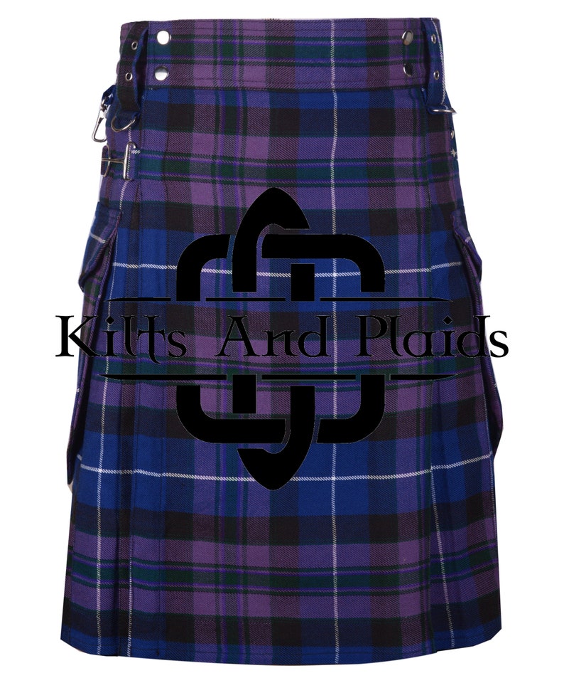 May include: A blue, purple, and green tartan kilt with a black leather strap and buckles. The kilt has a large pocket on each side. The kilt is made of a woven fabric and has a traditional Scottish design.