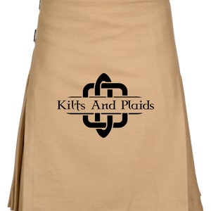 May include: A tan kilt with a black Celtic knot design and the text "Kilts And Plaids" in a banner.
