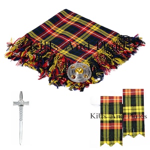 Buchanan Kilt Accessories Package - Scottish Tartan Fly Plaid - Brooch Pin - Kilt Pin - Pair of Flashes