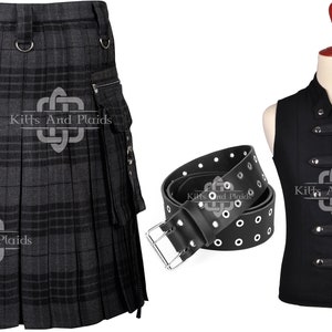 Tartan Plaid Gothic Kilt Value Pack - Grey Watch Tartan Kilt - Punk Rock - Free Waistcoat - Leather Kilt Belt - Custom Made - Cyber Goth