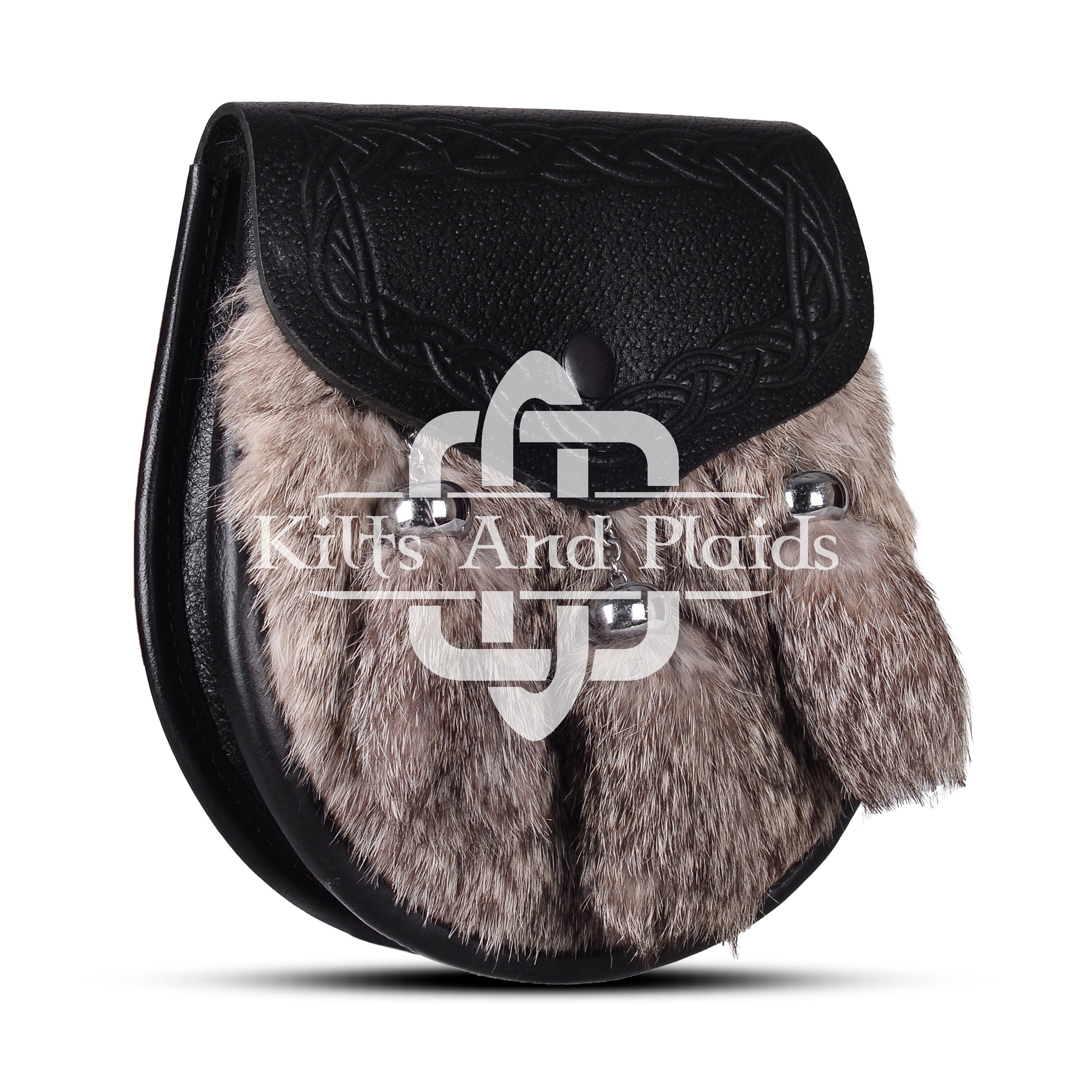 Kilt Sporran Semi-Habillé En Cuir Noir Avec 3 Pompons - Accessoire Traditionnel Écossais