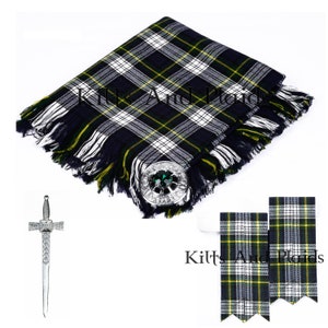 May include: A blue, white, and yellow tartan kilt with a fringe, a silver kilt pin with a green stone, and two matching tartan kilt hose.