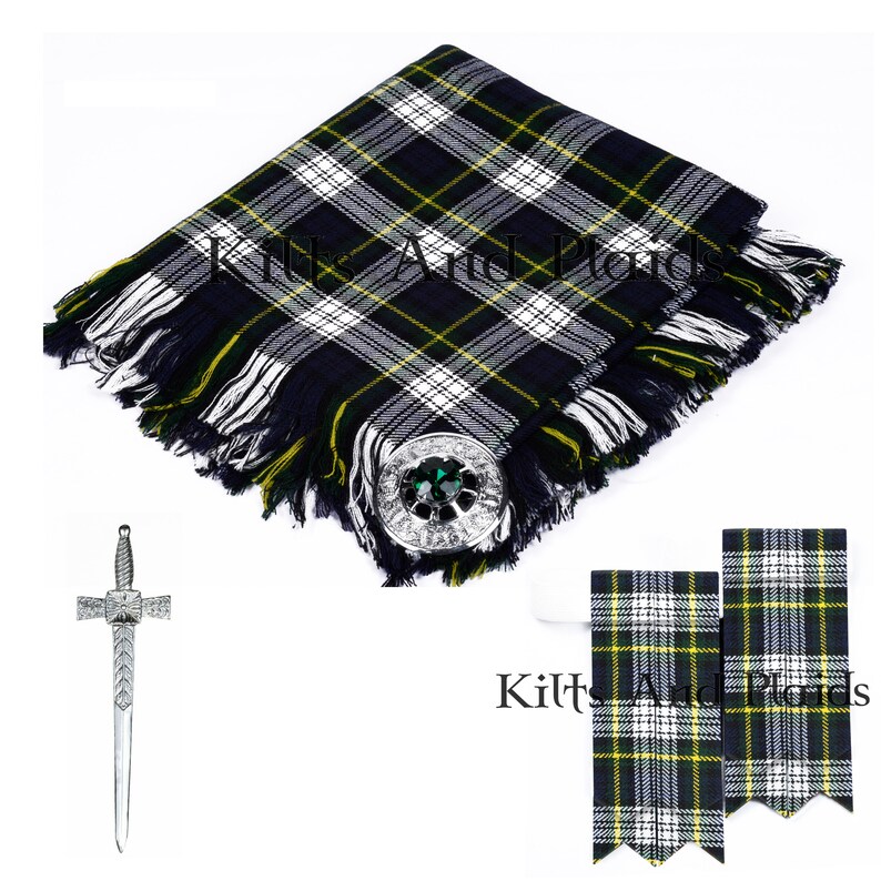 May include: A blue, white, and yellow tartan kilt with a fringe, a silver kilt pin with a green stone, and two matching tartan kilt hose.