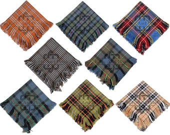 May include: Assortment of eight different tartan kilt sashes with fringed edges. The sashes are in various colors, including orange, blue, green, black, and white.