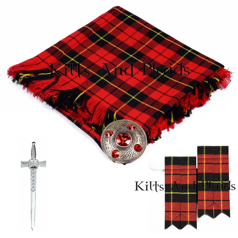 May include: A red, black, and yellow tartan kilt with a matching sporran, sword, and two kilt pins. The kilt is made of a soft, woven fabric and has a fringed edge.