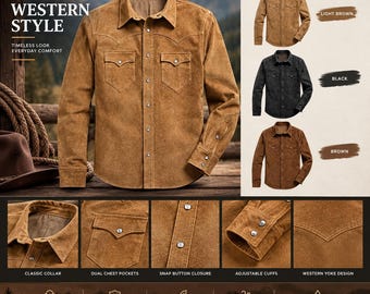 Men's Suede Western Leather Shirt - Vintage Cowboy Full sleeve Dress Up - Rustic Ranch Streetwear - Country Festival Outfit - Christmas Gift