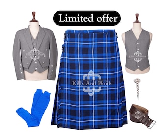 May include: A Scottish kilt outfit featuring a blue and black plaid kilt, gray jacket and vest, blue socks, a brown belt, and a kilt pin. The text "Limited offer" is displayed in a black banner.