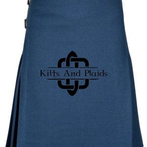 May include: A dark blue kilt with a black Celtic knot design and the text "Kilts And Plaids".