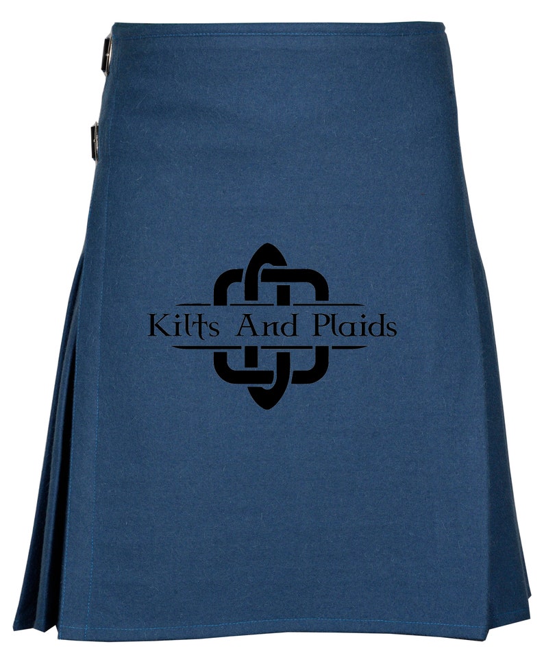 May include: A dark blue kilt with a black Celtic knot design and the text "Kilts And Plaids".