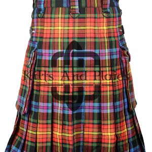 May include: A multi-coloured kilt with a black, red, yellow, blue, and green tartan pattern. The kilt has a black leather belt with silver buckles and a black strap with silver studs on the side.