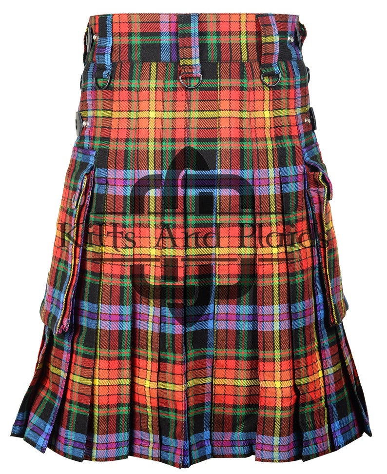 May include: A multi-coloured kilt with a black, red, yellow, blue, and green tartan pattern. The kilt has a black leather belt with silver buckles and a black strap with silver studs on the side.