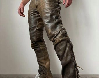 Men's Premium BROWN Genuine Distressed Leather Pant - Stylish Side Laces Western Wear Riding Pant Native Style Cowboy Pant 5 Pockets Pant
