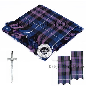 May include: A blue, purple, and black tartan kilt with a silver kilt pin and two matching tartan sashes. The kilt is fringed and has a decorative design. The text "Kilts And Plaids" is visible in the image.