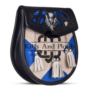 Saltire Flag Sporran - Scottish Semi Dress Sporran - Thistle Emblem - White Bovine Fur and Blue Leather Sporran & Chain Strap - Kilt Sporran