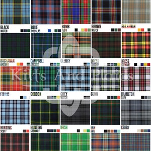 May include: A chart of 25 different tartan patterns, each with a name and a color key. The tartans are arranged in a grid of five rows and five columns. The tartans are all different colors and patterns, and they are all very detailed.