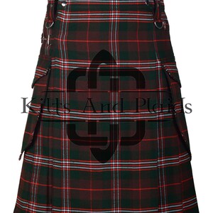 May include: A green, red, and white plaid kilt with a utility pocket on each side. The kilt has a buckle and strap closure at the waist.
