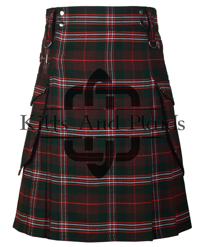 May include: A green, red, and white plaid kilt with a utility pocket on each side. The kilt has a buckle and strap closure at the waist.