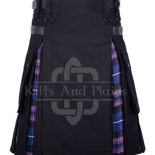 Premium - Handmade Black Cotton & Pride of Scotland Tartan Kilt - Scottish Hybrid UTILITY KILT For Men