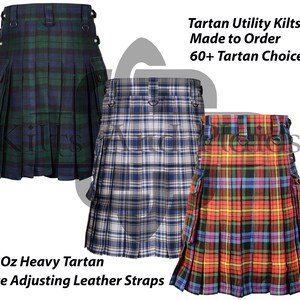May include: Three utility kilts in different tartan patterns. The kilts are made of 16 ounce heavy tartan fabric and have adjustable leather straps. The text on the image reads "Tartan Utility Kilts Made to Order 60+ Tartan Choices" and "16 Oz Heavy Tartan Size Adjusting Leather Straps".