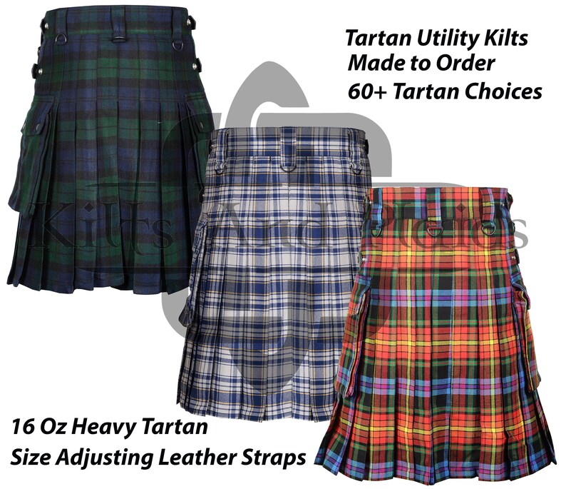 May include: Three utility kilts in different tartan patterns. The kilts are made of 16 ounce heavy tartan fabric and have adjustable leather straps. The text on the image reads "Tartan Utility Kilts Made to Order 60+ Tartan Choices" and "16 Oz Heavy Tartan Size Adjusting Leather Straps".