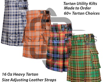 Premium Handmade Scottish Tartan Utility Kilt for Men - 16 Oz -  Cargo Pockets Sport Kilt - Highlander Kilt - Custom Made - 60 Colors