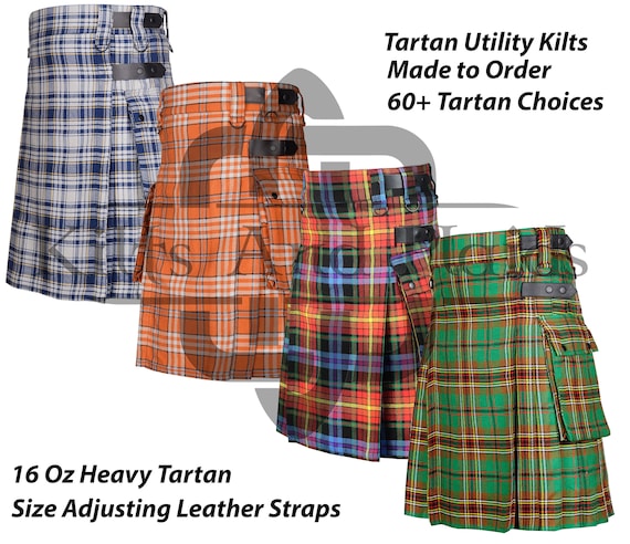 Premium Handmade Scottish Tartan Utility Kilt for Men - 16 Oz -  Cargo Pockets Sport Kilt - Highlander Kilt - Custom Made - 60 Colors