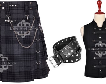 Grey Watch Tartan Gothic Kilt - Tartan Utility Kilt - Punk Rock - Gothic Waistcoat - Leather Kilt Belt - Custom Made Kilt