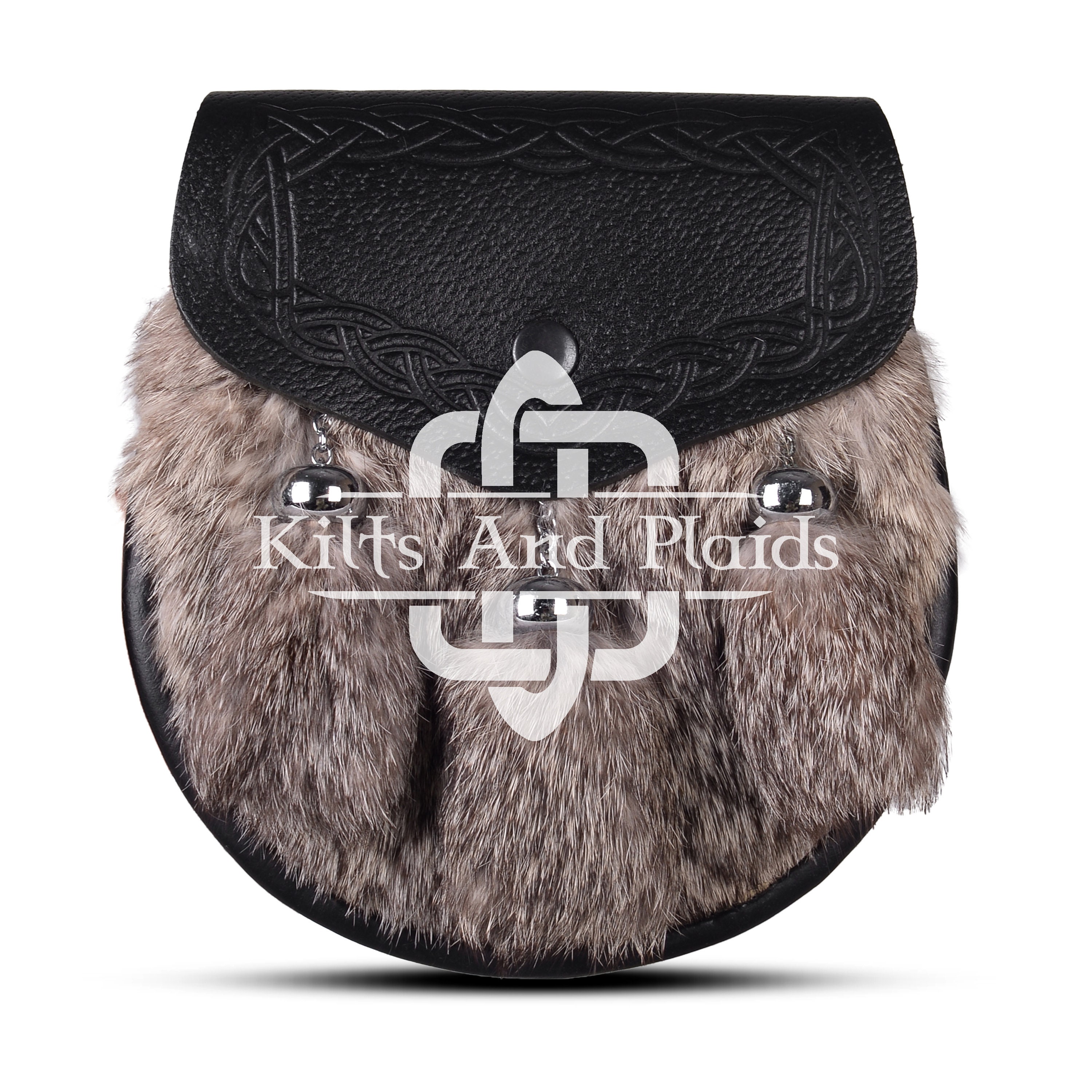 Premium Fatto A Mano - Grigio E Nero Coniglio Pelliccia Semi Abito Scozzese SPORRAN - Celtic Sporran E Cintura Catena - Kilt Sporran - Italia - Foto 3