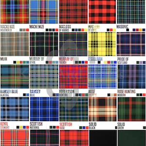 May include: A chart of different tartan patterns, each with a name and a color scheme. The chart is organized in rows and columns, with each tartan pattern displayed in a square. The chart is a visual guide to different tartan patterns.