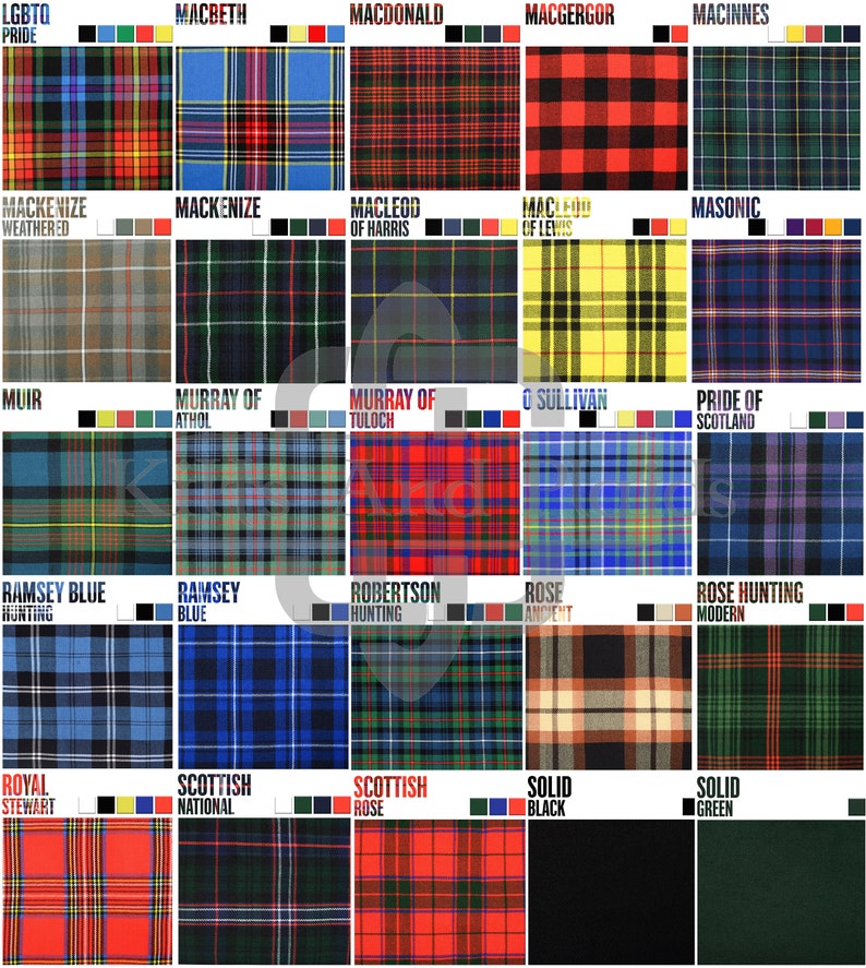 May include: A chart of different tartan patterns, each with a name and a color scheme. The chart is organized in rows and columns, with each tartan pattern displayed in a square. The chart is a visual guide to different tartan patterns.