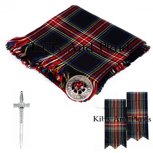 May include: A black, red, and yellow tartan kilt with a silver kilt pin and two matching tartan sashes. The kilt pin features a red jewel.