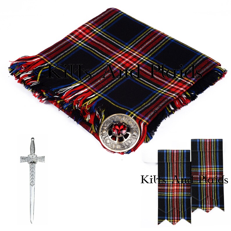 May include: A black, red, and yellow tartan kilt with a silver kilt pin and two matching tartan sashes. The kilt pin features a red jewel.