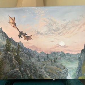 Skyrim Ancient Dragon &quot;A Dragon Appears&quot; Original Oil Painting