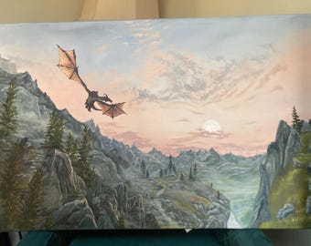 Skyrim Antiker Drache ""Ein Drache erscheint" Original Ölgemälde."