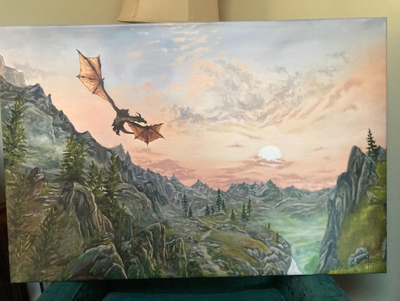 Skyrim Canvas Print 24x36 Dragon Wall Art, Fantasy Video Game Decor for Gamers, Perfect Gift for Skyrim Fans