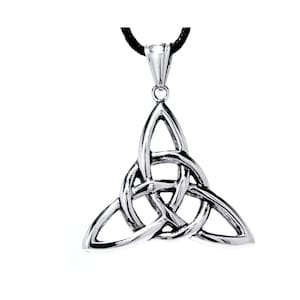 May include: A silver Celtic knot pendant necklace with a black cord. The pendant is a triangular shape with intricate knotwork.