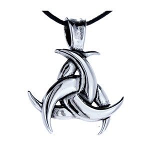 May include: Silver pendant necklace with a three-dimensional, stylized, silver, Celtic knot design.