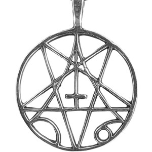 May include: A silver pendant necklace featuring a pentagram with a cross inside, surrounded by a circle. The pendant is on a black cord.