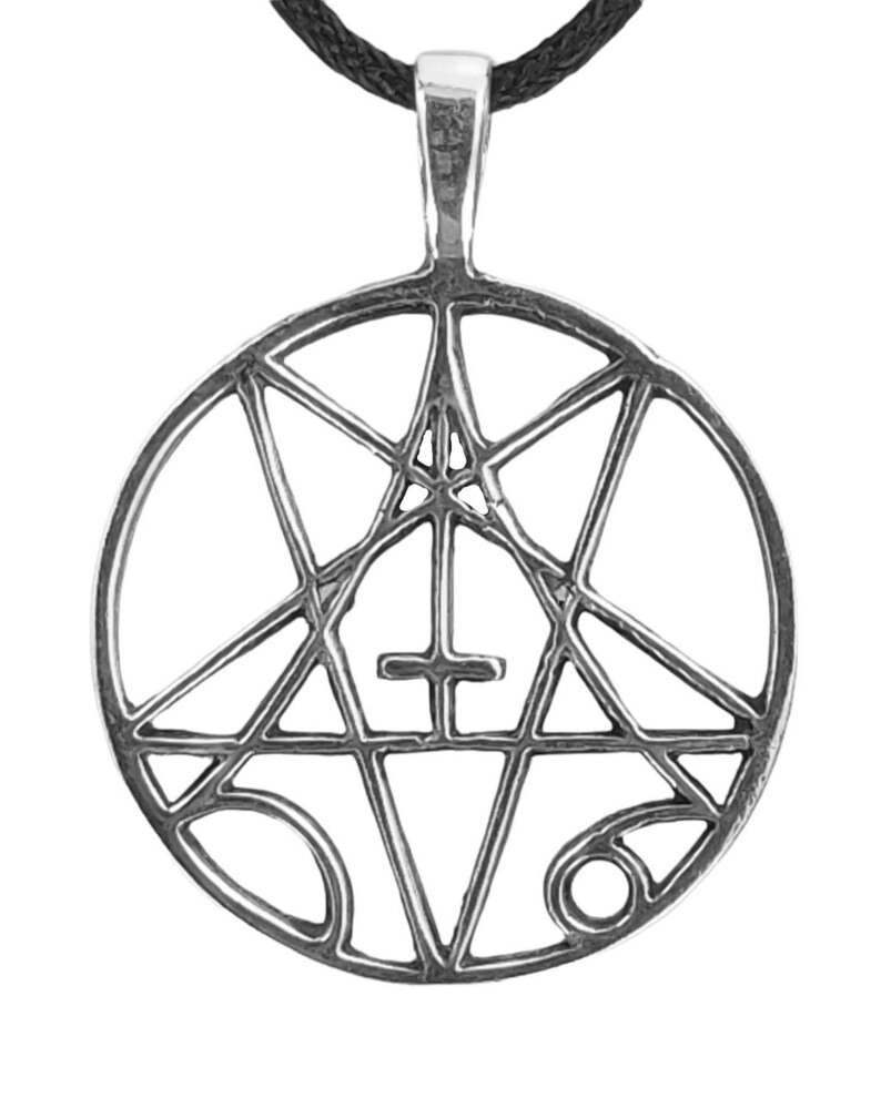 May include: A silver pendant necklace featuring a pentagram with a cross inside, surrounded by a circle. The pendant is on a black cord.