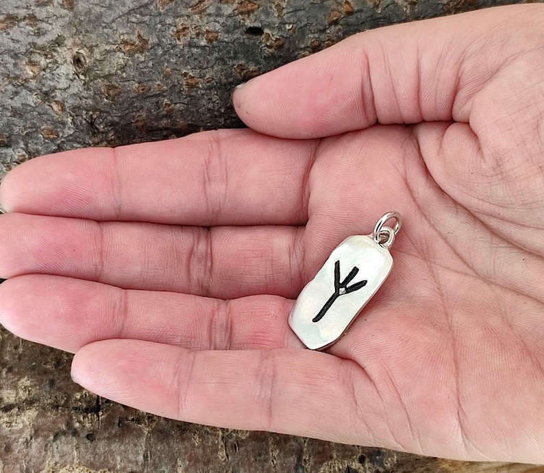 Puede incluir: Un colgante de plata con un s&iacute;mbolo de &aacute;rbol negro grabado en &eacute;l. El colgante est&aacute; en la palma de una mano.
