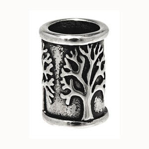 May include: A silver-toned metal bead featuring a tree design. The bead is cylindrical and has a smooth surface.
