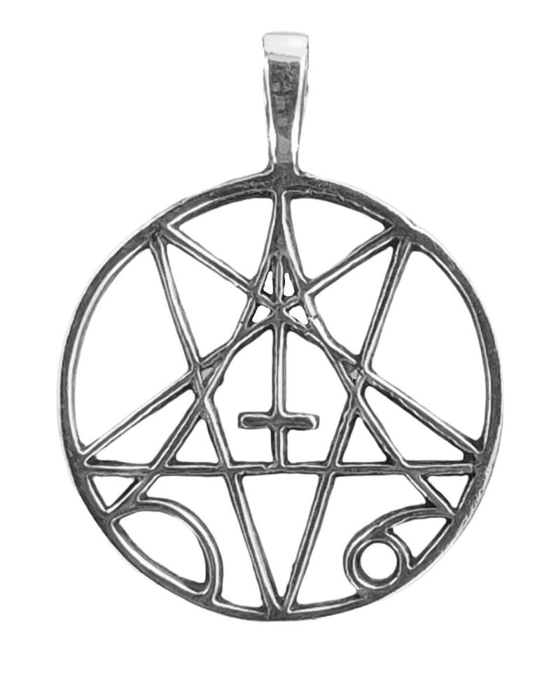 May include: Silver pendant featuring a pentagram with an inverted cross inside, surrounded by a circle with a decorative design.