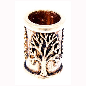 May include: Silver-toned metal bead with a tree of life design. The bead is cylindrical and has a smooth, polished finish.