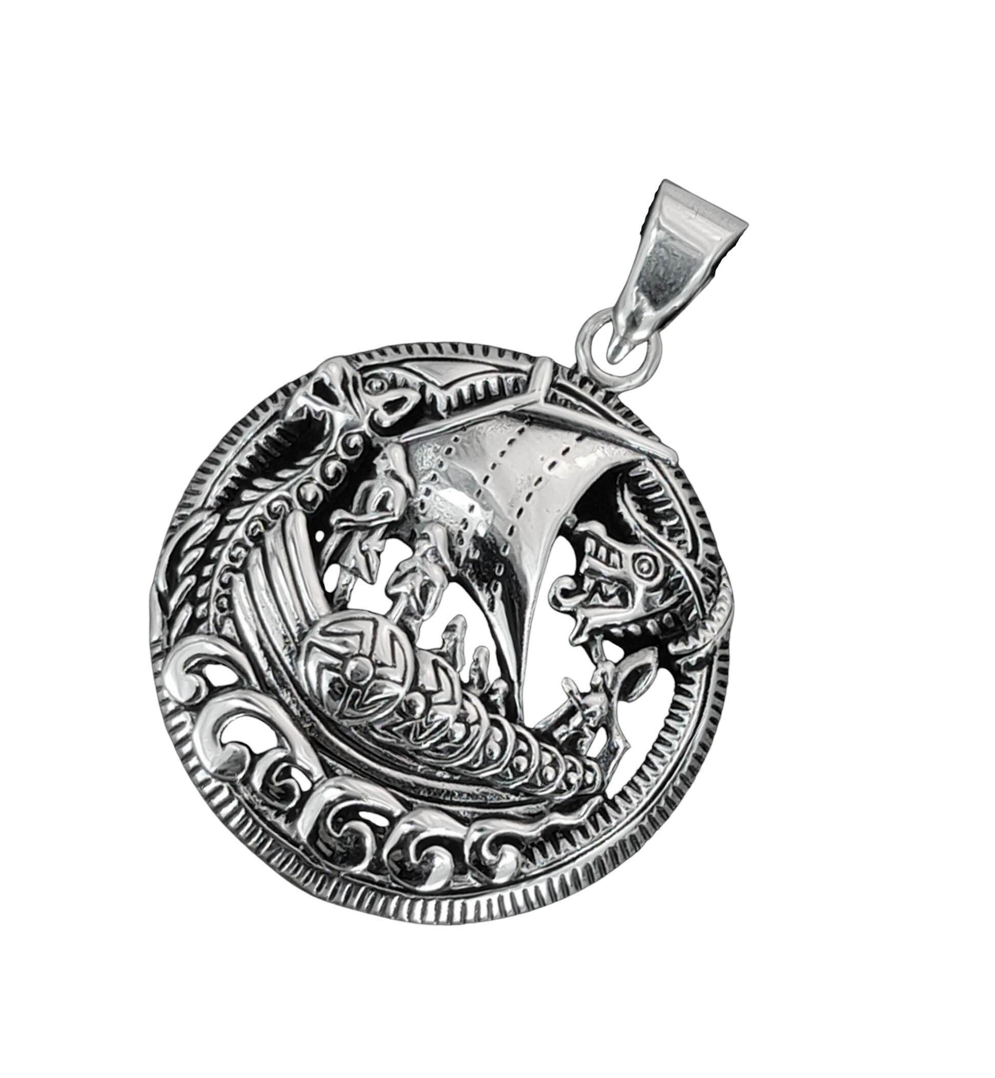 Pendentif Bateau Viking En Argent Sterling 925 – Kiss Of Leather – Design Détaillé Avec Serpent Midgard, Noirci Partiellement