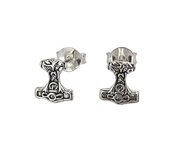 Orecchini A Perno Mjöllnir, Martello Di Thor, In Argento Sterling 925, Fatto A Mano, Lobo Forato, 8x10mm - 2